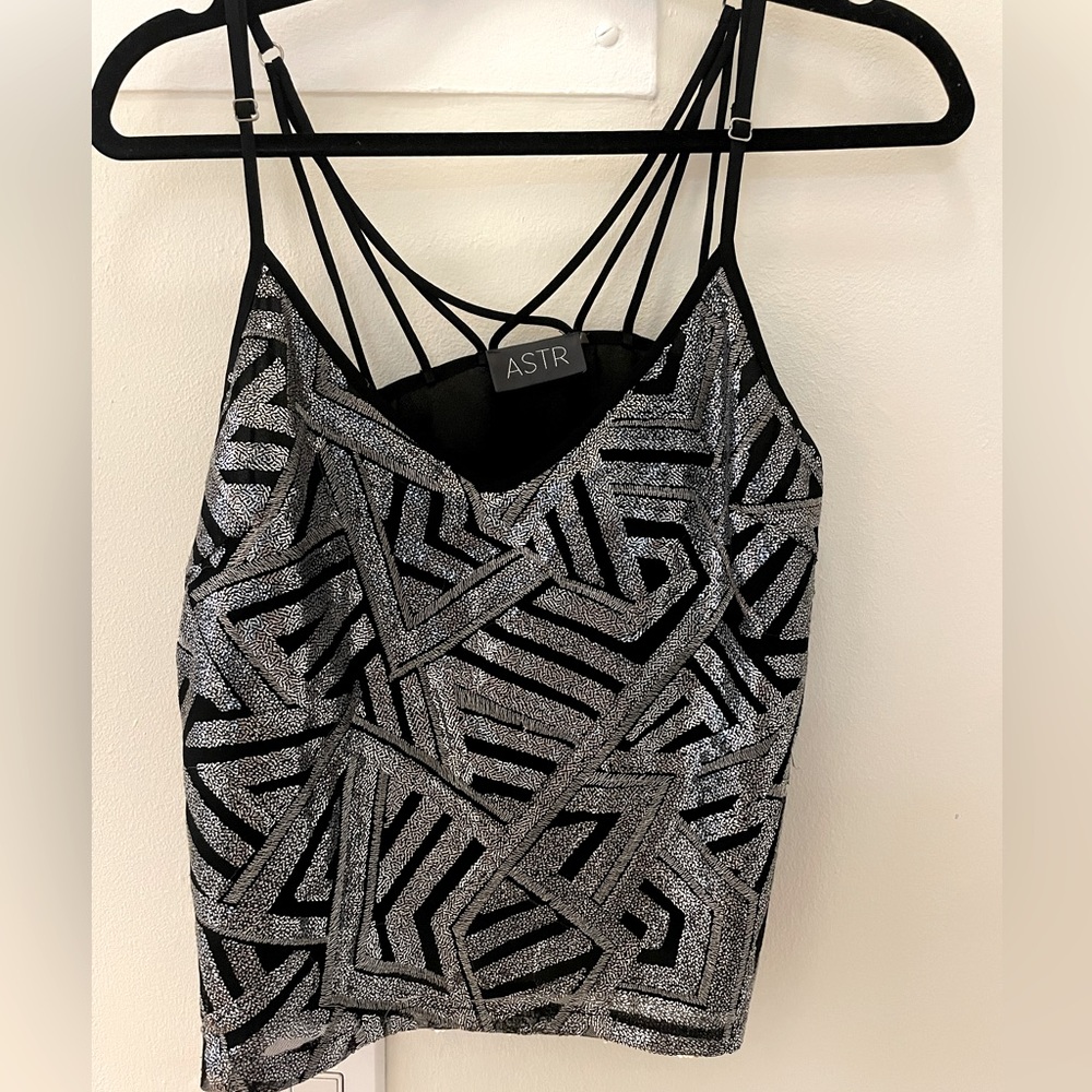 ASTR zig zag sequin black tank top with intricate straps